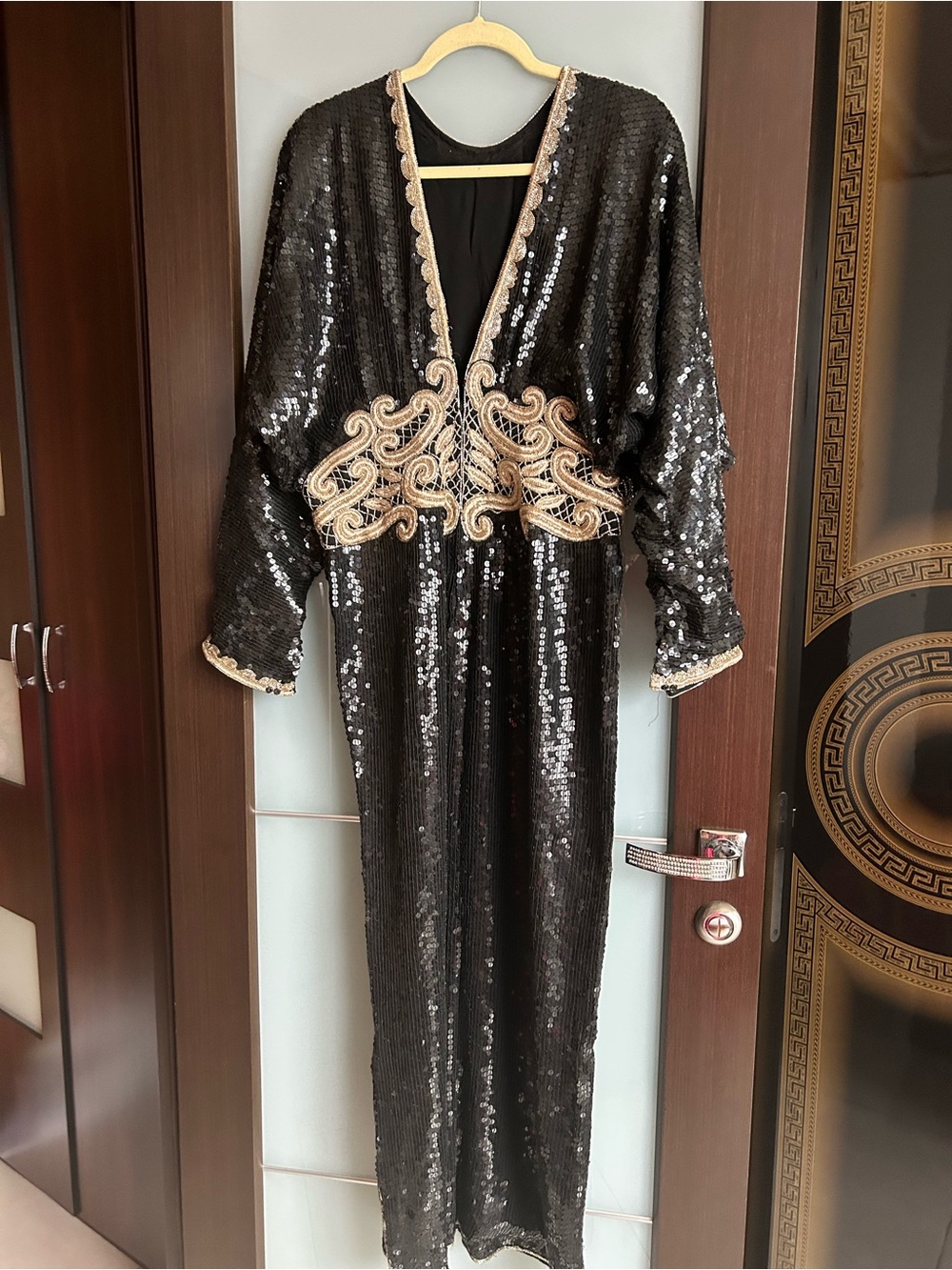 Black Sequin Maxi Dress with Gold Embroidered Waist